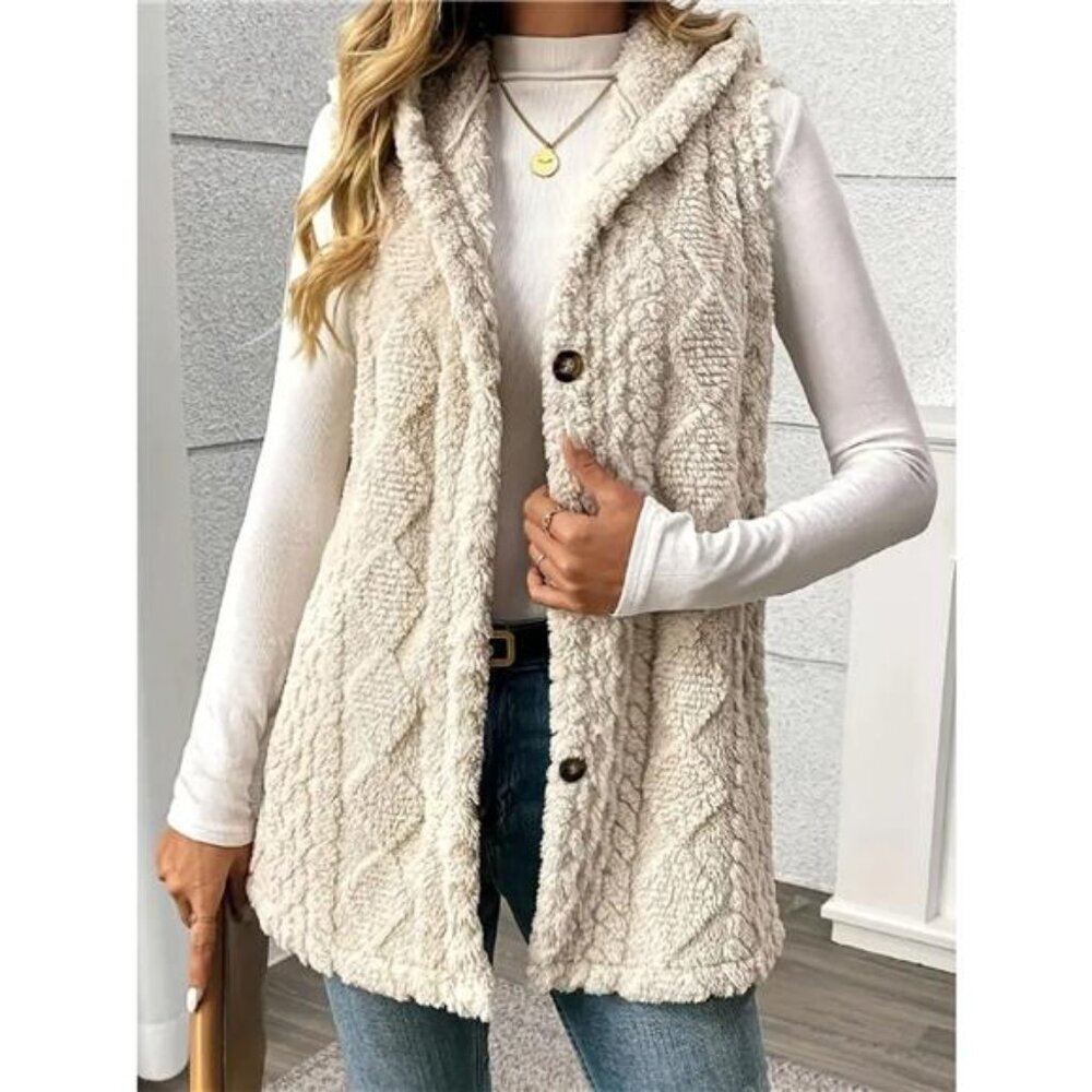 Hooded Button-Up Sherpa Vest Coat